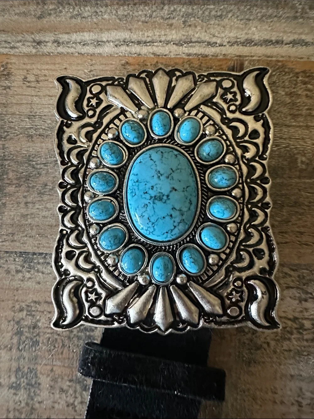 Black Faux Leather Belt with Turquoise colored Accent Buckle